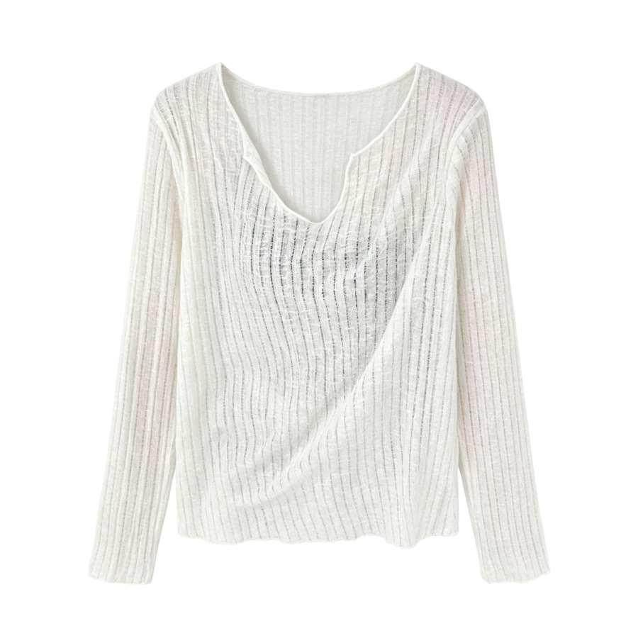 Sugarfunk Chiffon Shirts Women's Ecru V Neck Thin Straight Fit