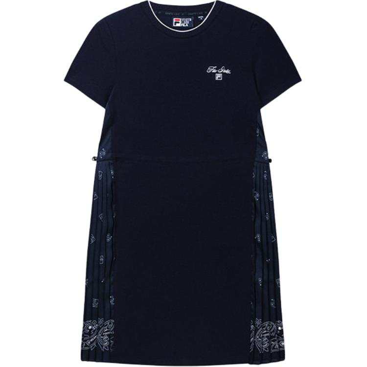 FILA Short Sleeved Dresses Women's Enlightenment Blue DB Crew Neck Moderate Short Skirt