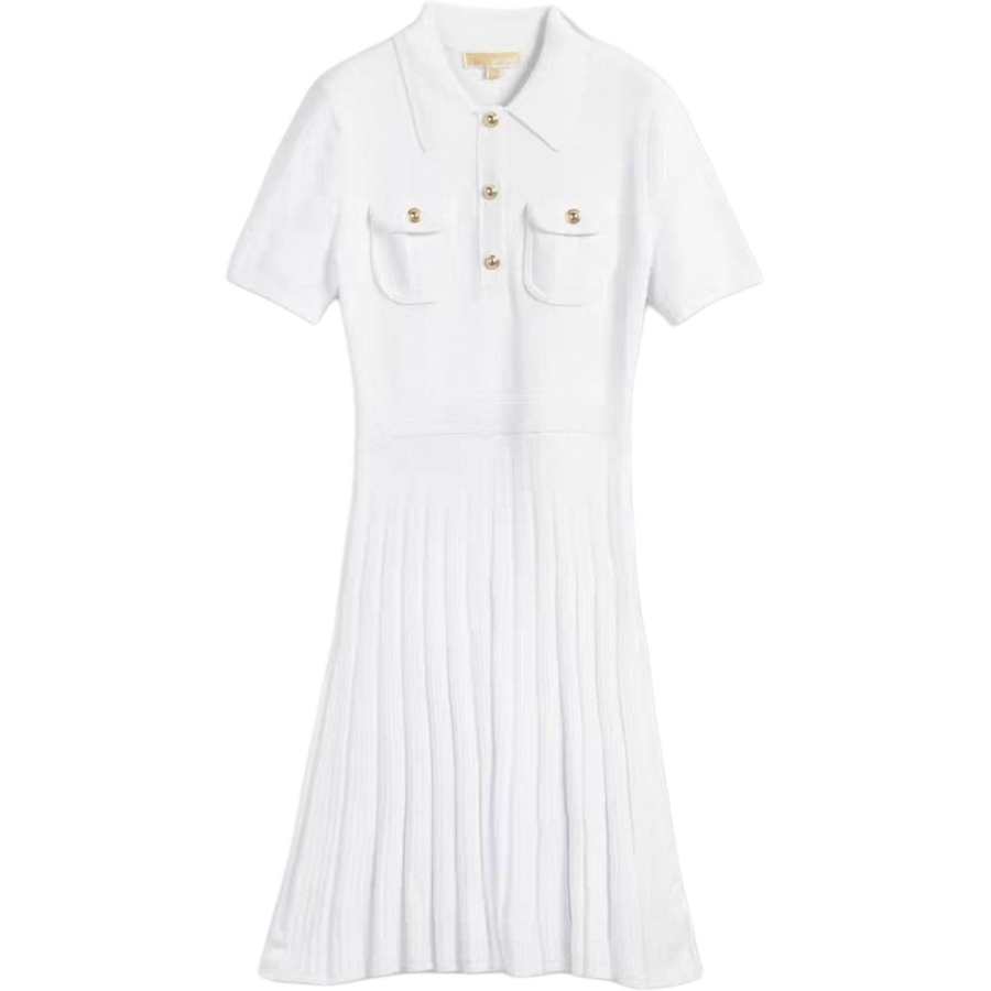 MICHAEL KORS Short Sleeved Dresses Women's White Lapel Moderate Pleated Skirt