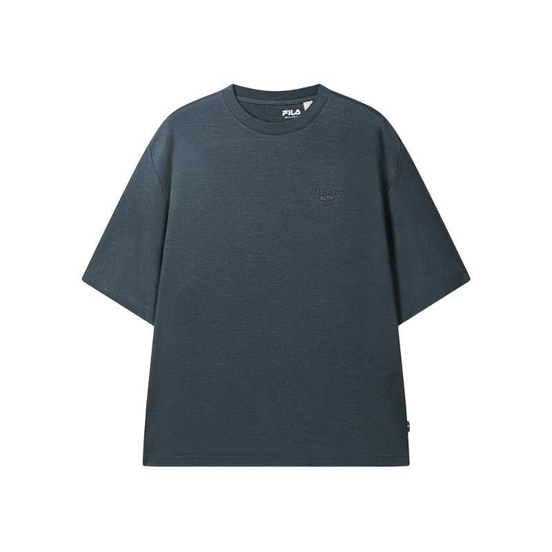 FILA MILANO T Shirts Men's Dark Cyan Gray Crew Neck Moderate