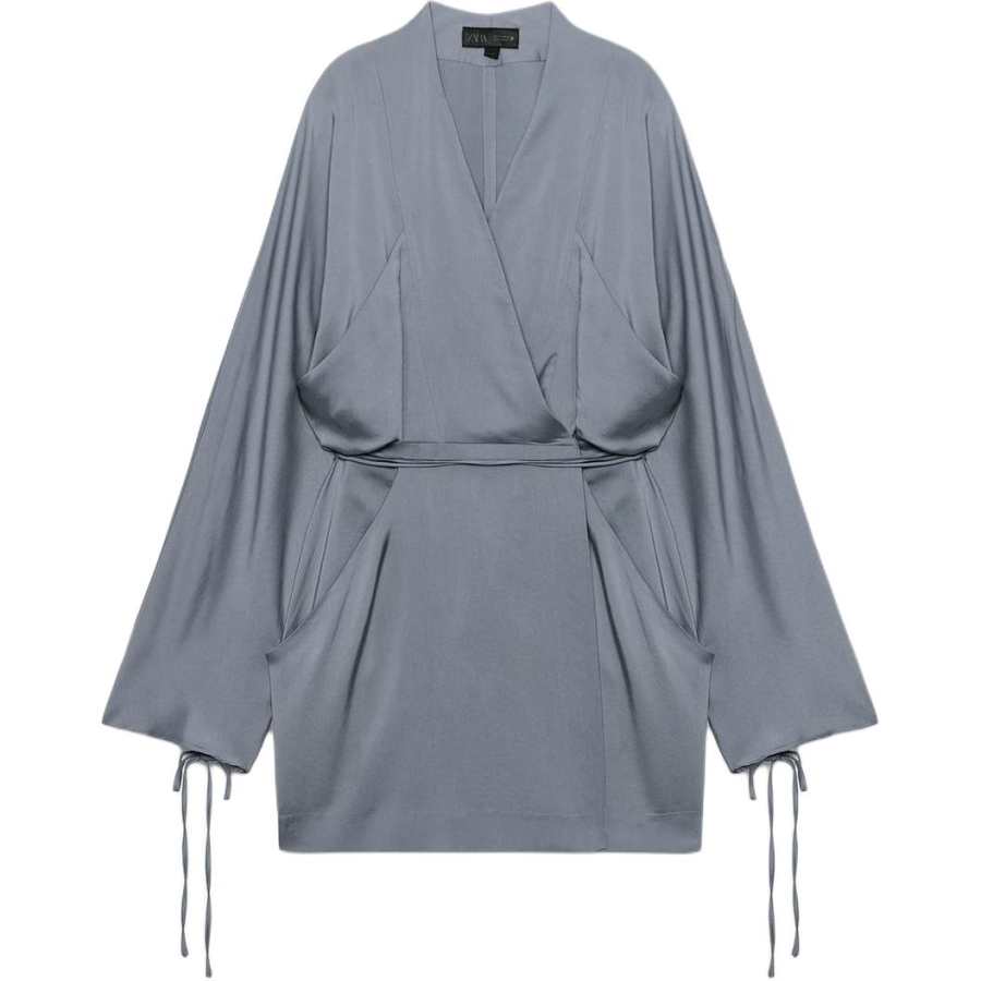 ZARA ZW Long Sleeved Dresses Women's Blue/Gray V Neck Moderate Short Skirt