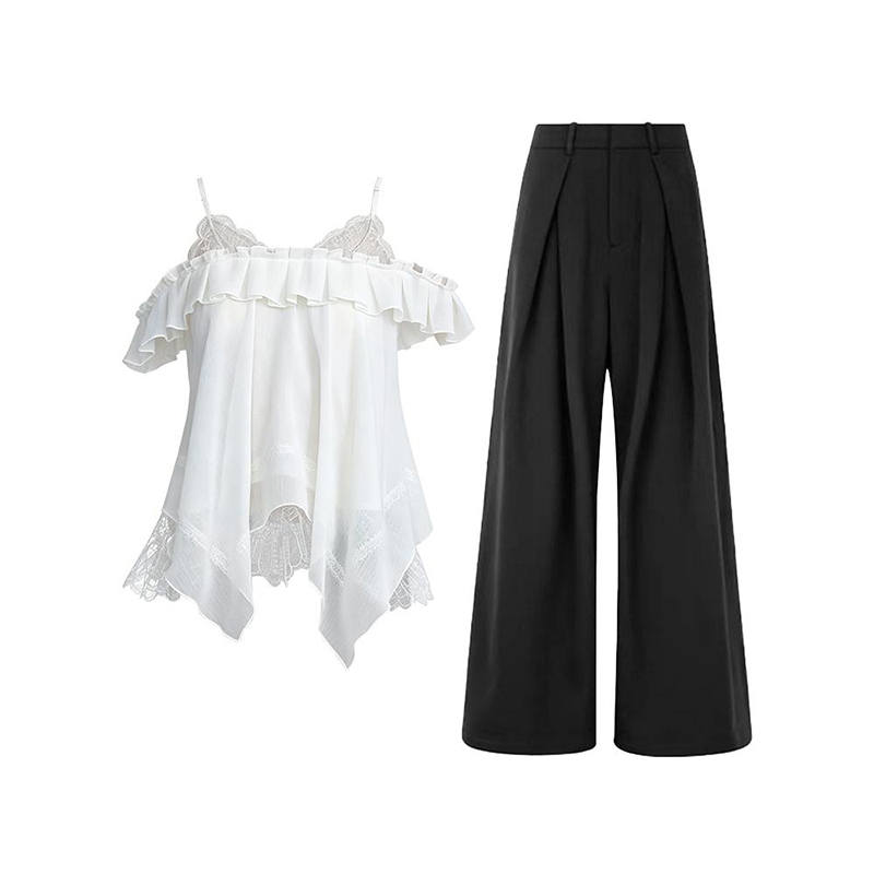 MARIE·COCO Casual Suits Women's White Top+Pants Crew Neck Moderate