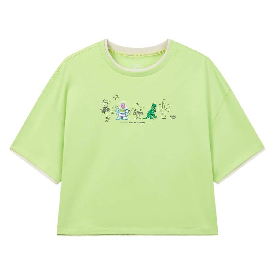 Li-Ning Li Ning X Disney T Shirts Women's Olive Green Crew Neck Moderate Straight Fit
