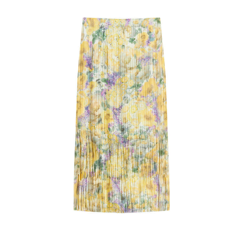 XIANGYING Casual Long Skirts Women's Yellow Floral Thin Long Skirt