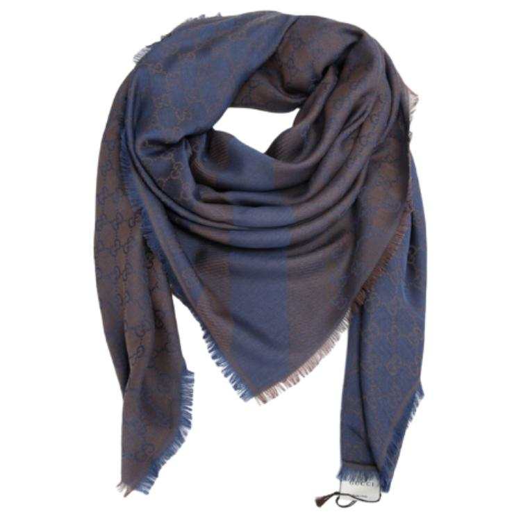 GUCCI GG Wool Knit Scarves Women's Gray Blue
