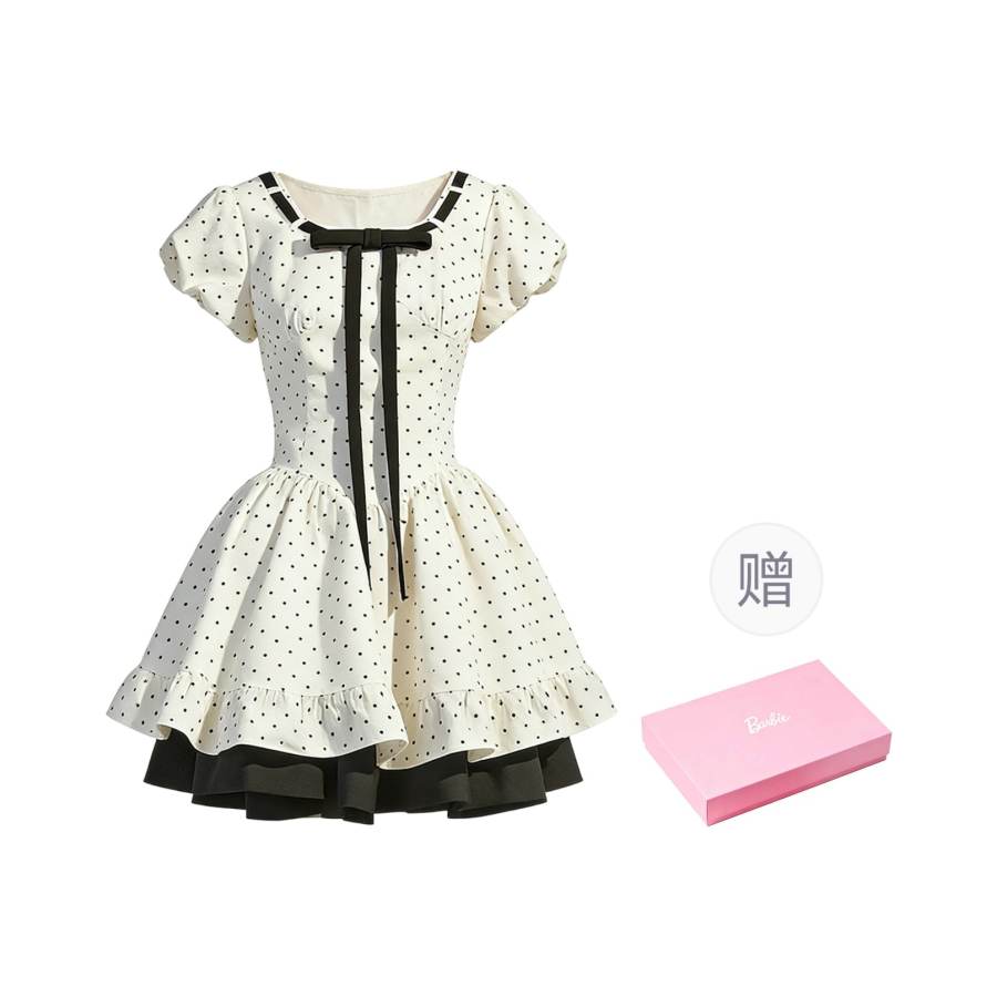 Barbie Short Sleeved Dresses Women's Square Collar Moderate Short Skirt