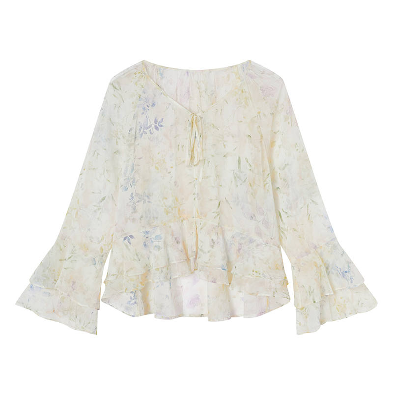XIANGYING Chiffon Shirts Women's Yellow Floral Camisole Thin