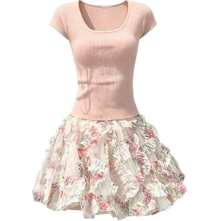 CHARM GLOW Two Piece Skirt Sets Women's Square Collar Thin Short Skirt