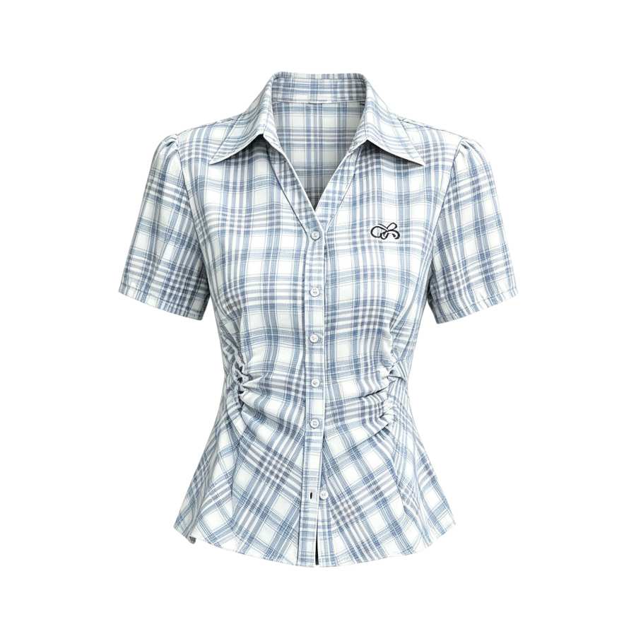 Sugarfunk Shirts Women's Blue White Plaid Lapel Thin Nipped In Waist