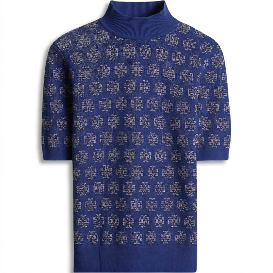 TORY BURCH T Monogram Knitwear Women's Blue Turtleneck Moderate Straight Fit