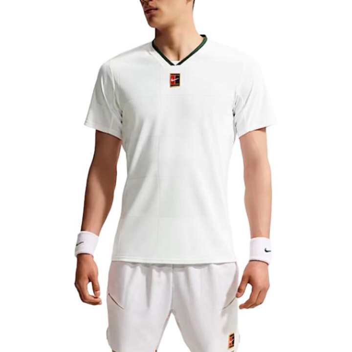 Nike Nike Court Slam Tennis Tops Men's White/Canyon Green V Neck Moderate