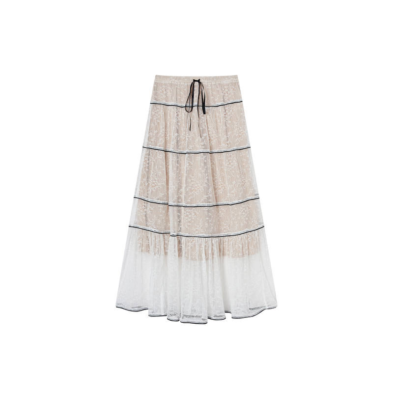 XIANGYING Casual Long Skirts Women's Ecru Moderate Long Skirt