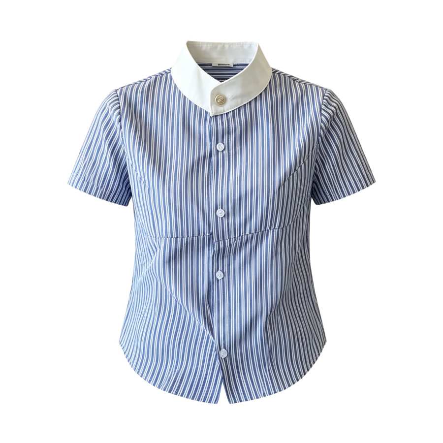 Sugarfunk Shirts Women's Blue White Stripes Stand Collar Thin Nipped In Waist