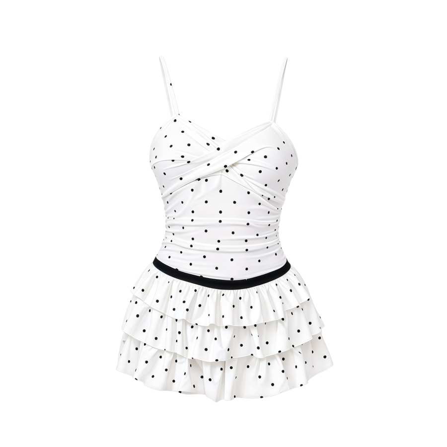 Sugarfunk One Piece Swimsuits Women's White With Black Dot V Neck Thin Short Skirt One Piece Swimsuit