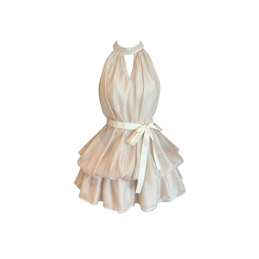 TUSHIFEI Sleeveless Dresses Women's Dusty Pink Halter Moderate Short Skirt A Line Skirt