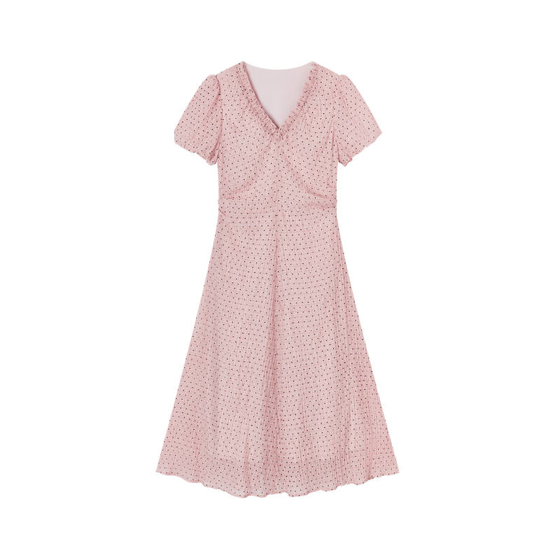 XIANGYING Short Sleeved Dresses Women's Pink V Neck Thin Midi Skirt