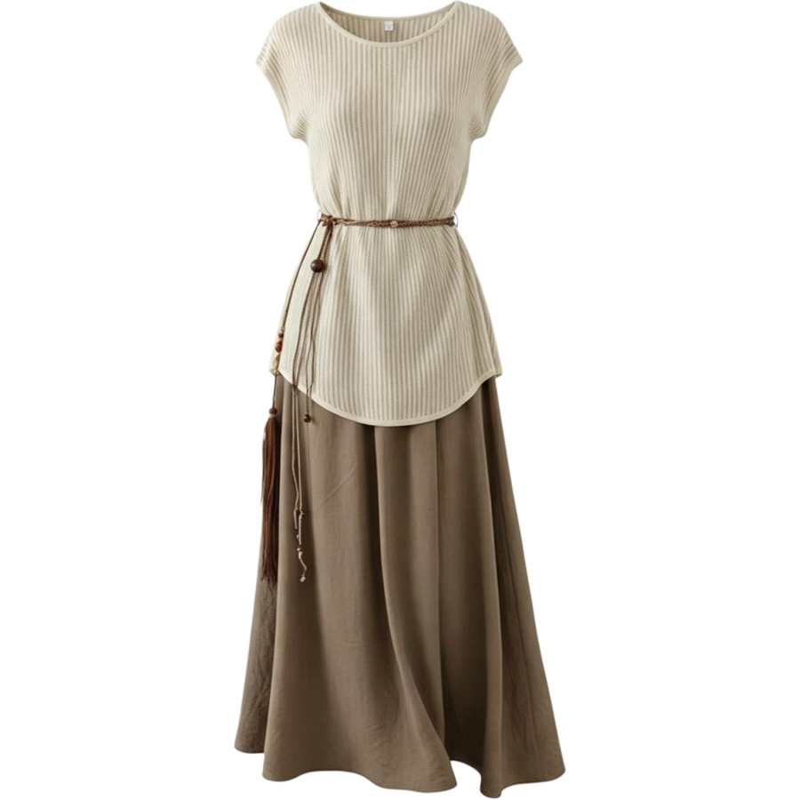 CHARM GLOW Two Piece Skirt Sets Women's Crew Neck Moderate Long Skirt