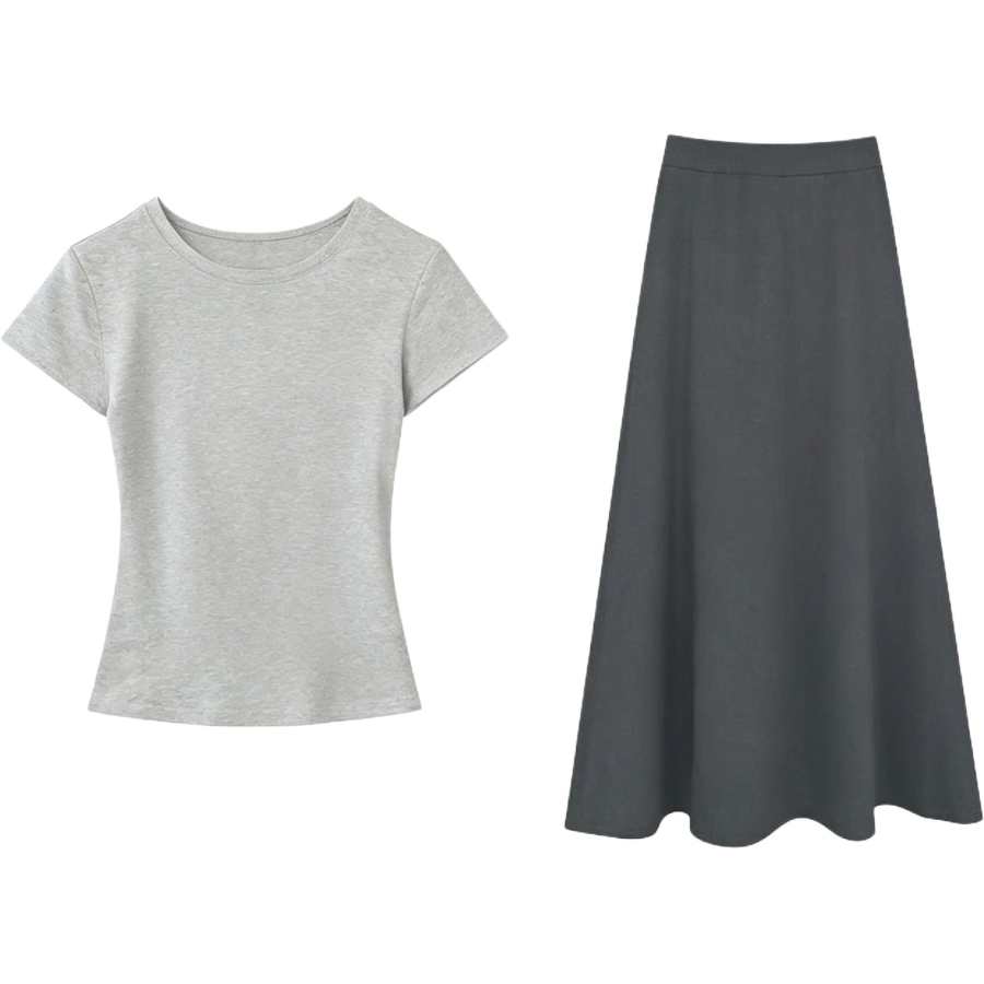Sugarfunk Two Piece Skirt Sets Women's Crew Neck Moderate Long Skirt