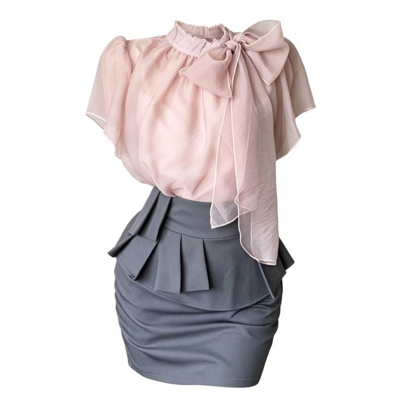CPAURA Two Piece Skirt Sets Women's Stand Collar Moderate Short Skirt