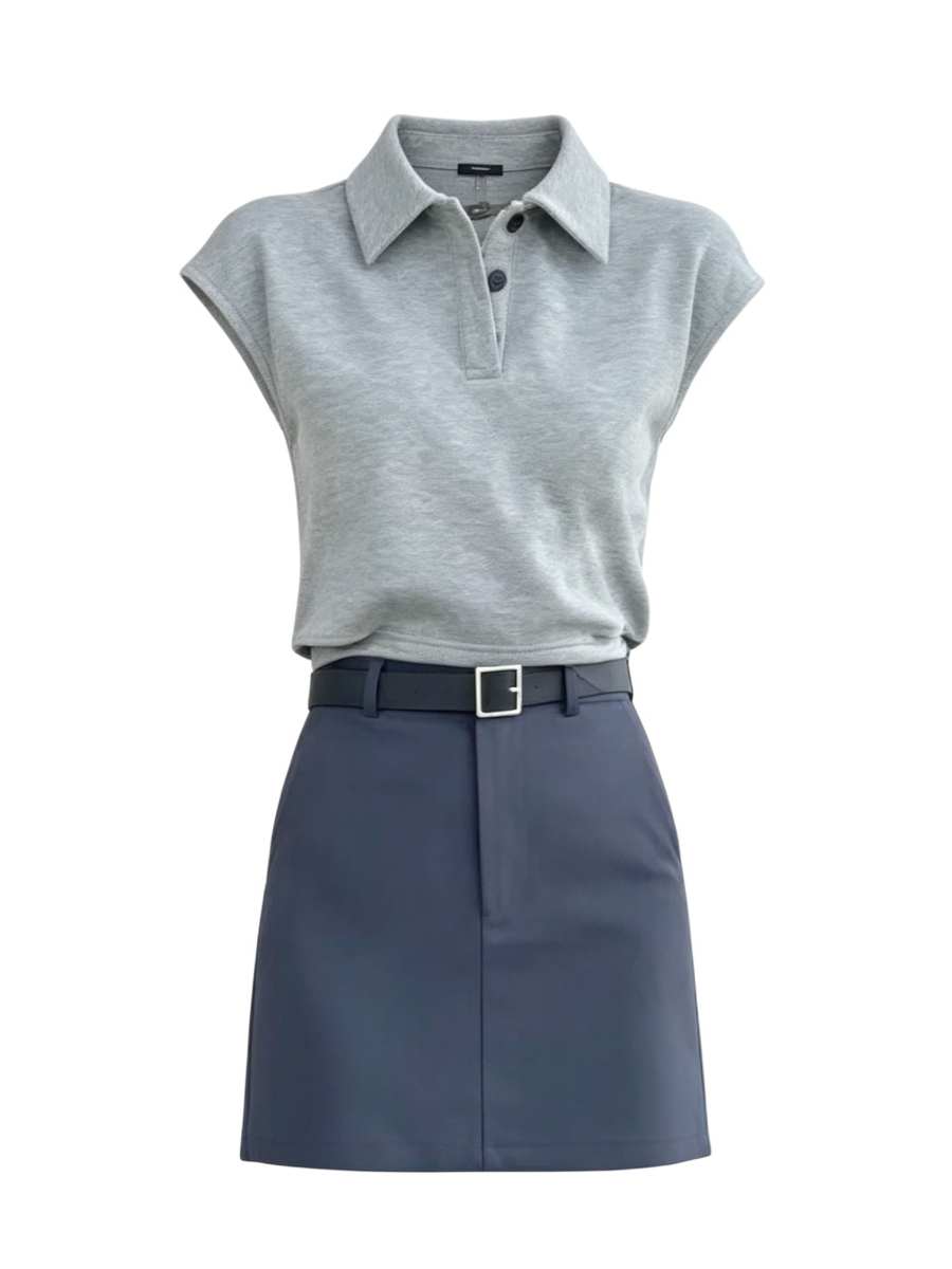 Sugarfunk Professional Skirt Suits Women's Gray Polo Collar Moderate Short Skirt