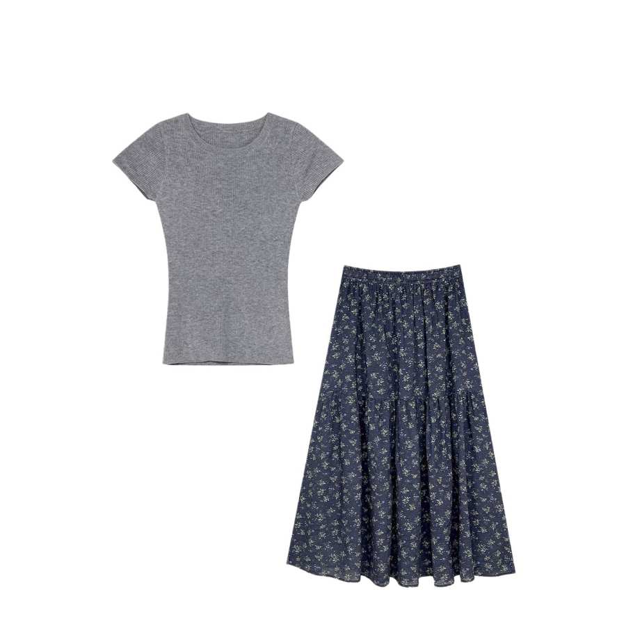 Sugarfunk Two Piece Skirt Sets Women's Crew Neck Thin Long Skirt