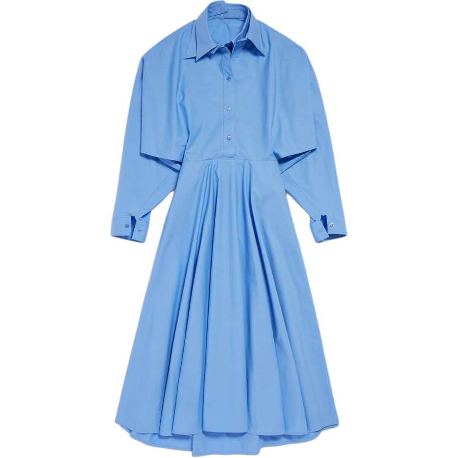 Balenciaga Long Sleeved Dresses Women's Light Blue Lapel Moderate Midi Skirt