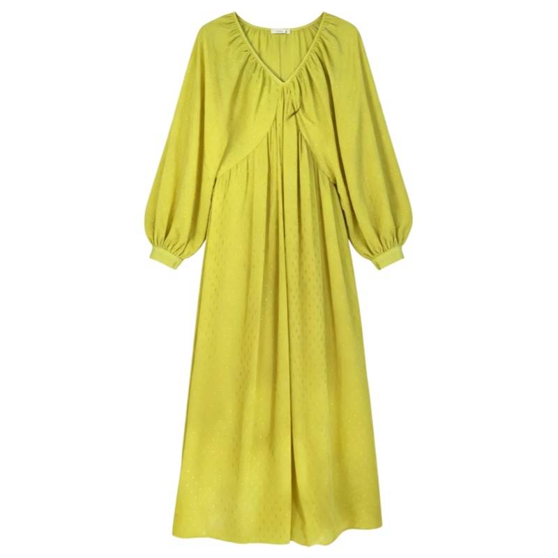 CPAURA Long Sleeved Dresses Women's Plantain Green V Neck Moderate Long Skirt A Line Skirt