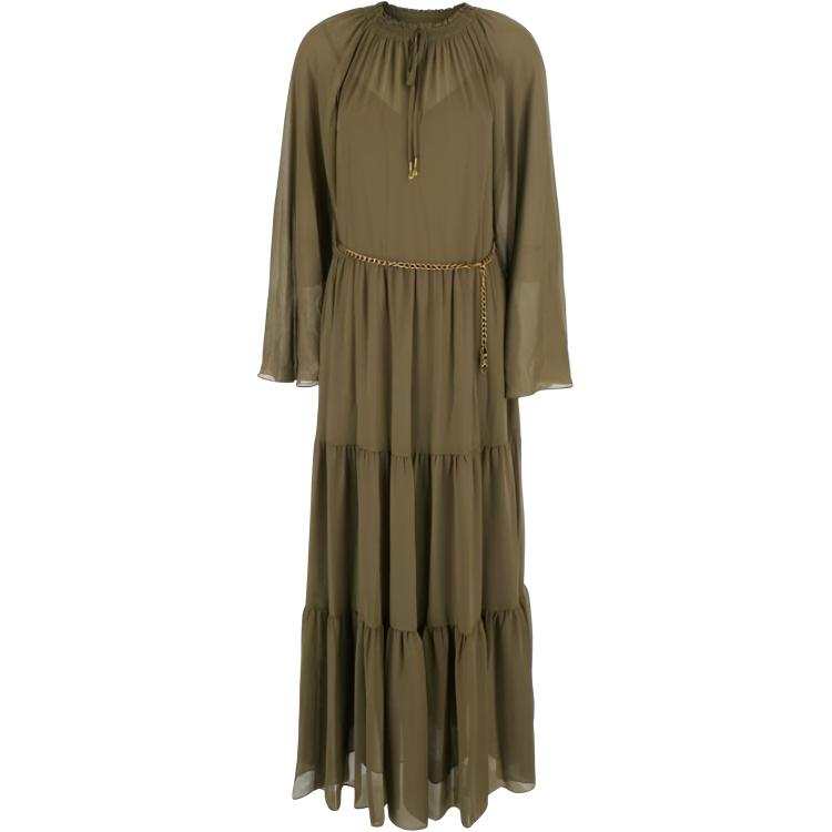 MICHAEL KORS Long Sleeved Dresses Women's Green Crew Neck Moderate Long Skirt Tiered Skirt