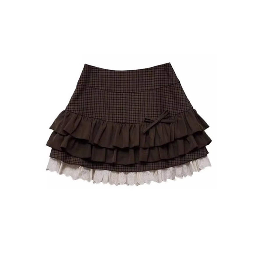 Sugarfunk Casual Short Skirts Women's Brown Black Plaid Thin Short Skirt Tiered Skirt