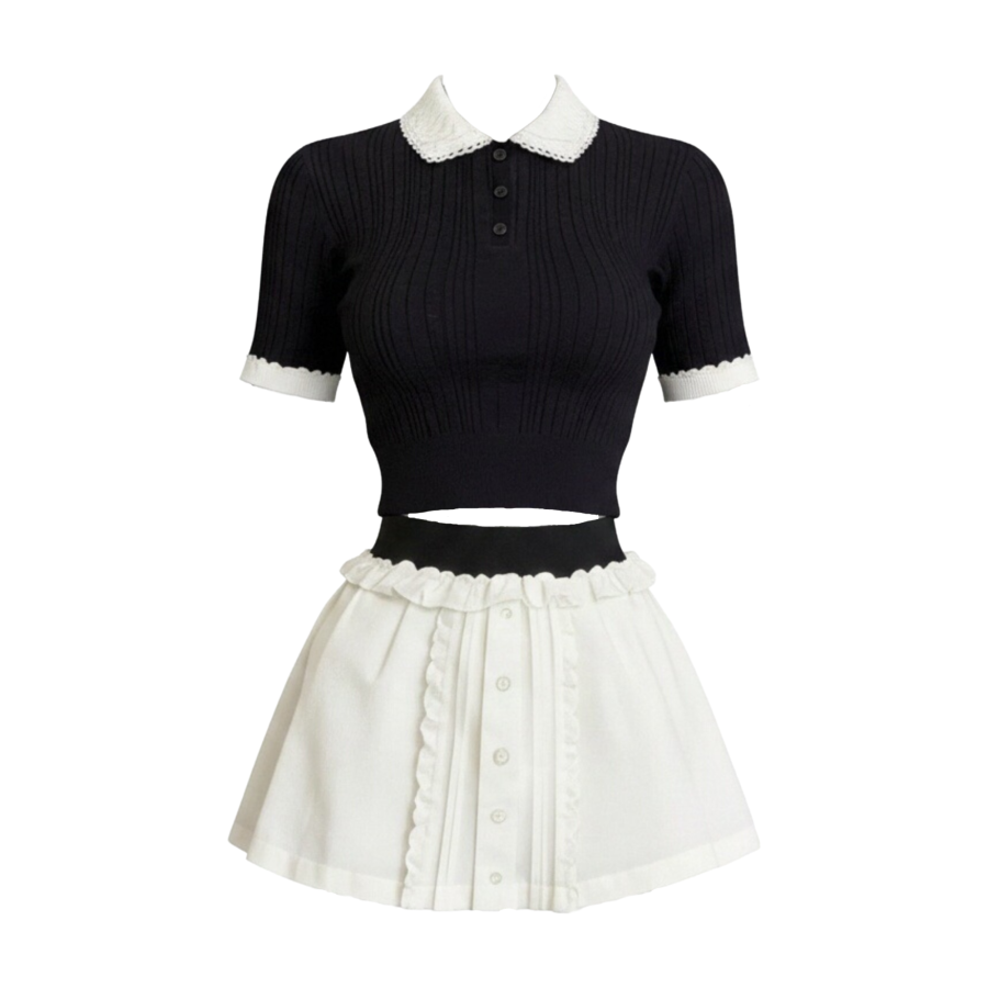 FINDSME GAGA Two Piece Skirt Sets Women's Peter Pan Collar Moderate Short Skirt