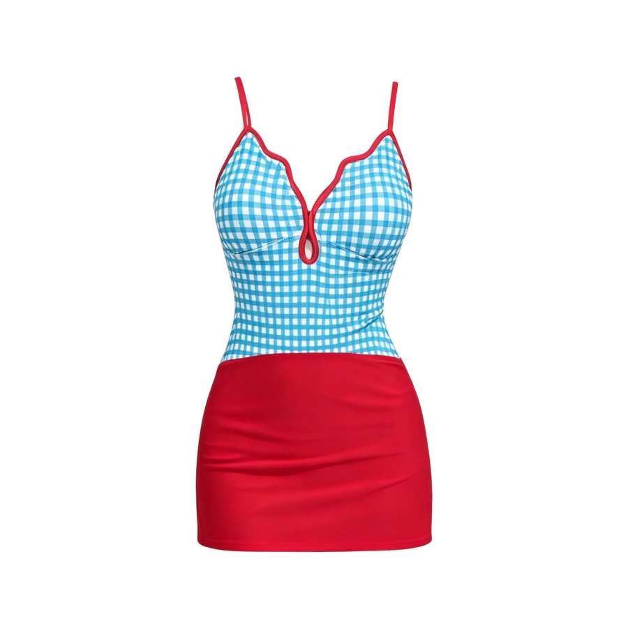 Sugarfunk One Piece Swimsuits Women's V Neck Thin Short Skirt One Piece Swimsuit