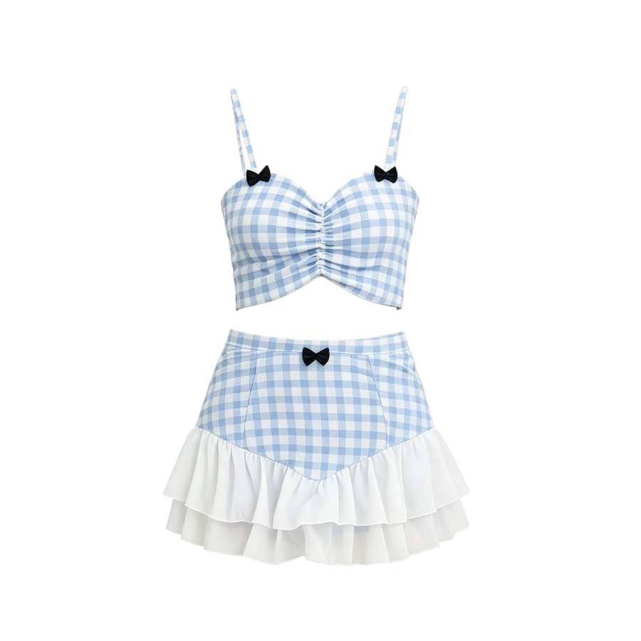 Sugarfunk Two Piece Swimsuits Women's Blue White Plaid Camisole Thin Short Skirt Two Piece Swimsuit