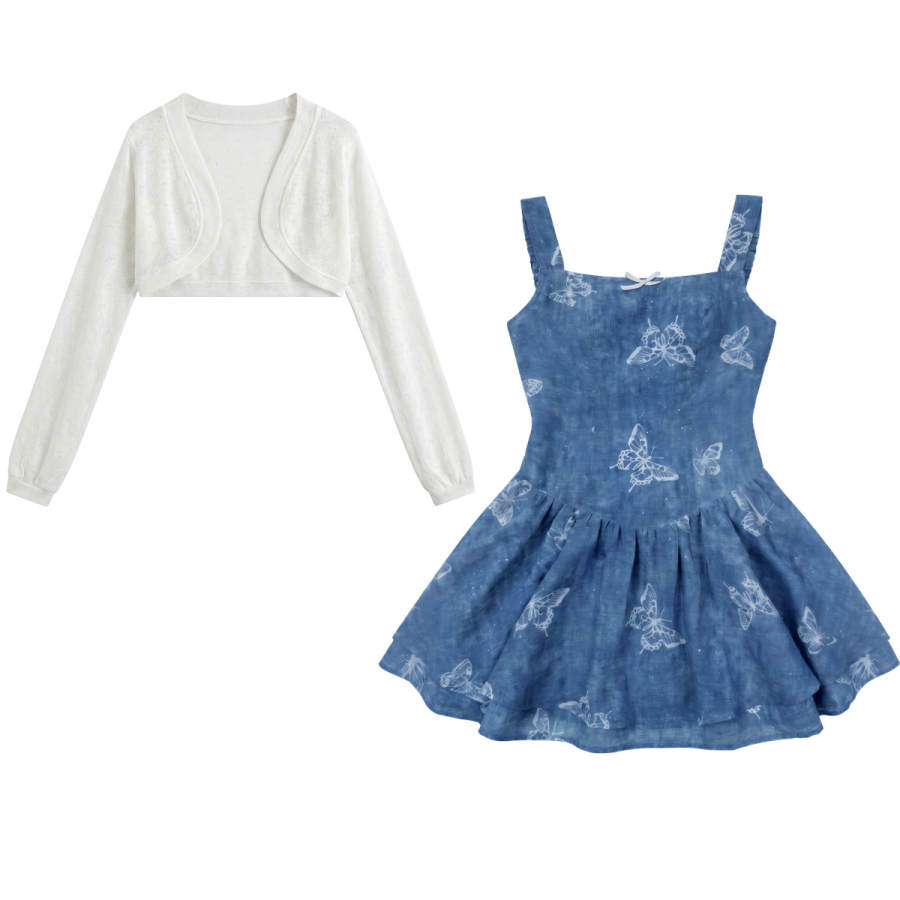 FABRIC PIG Two Piece Skirt Sets Women's Long Sleeved Cardigan+Camisole Dress Crew Neck Thin Short Skirt