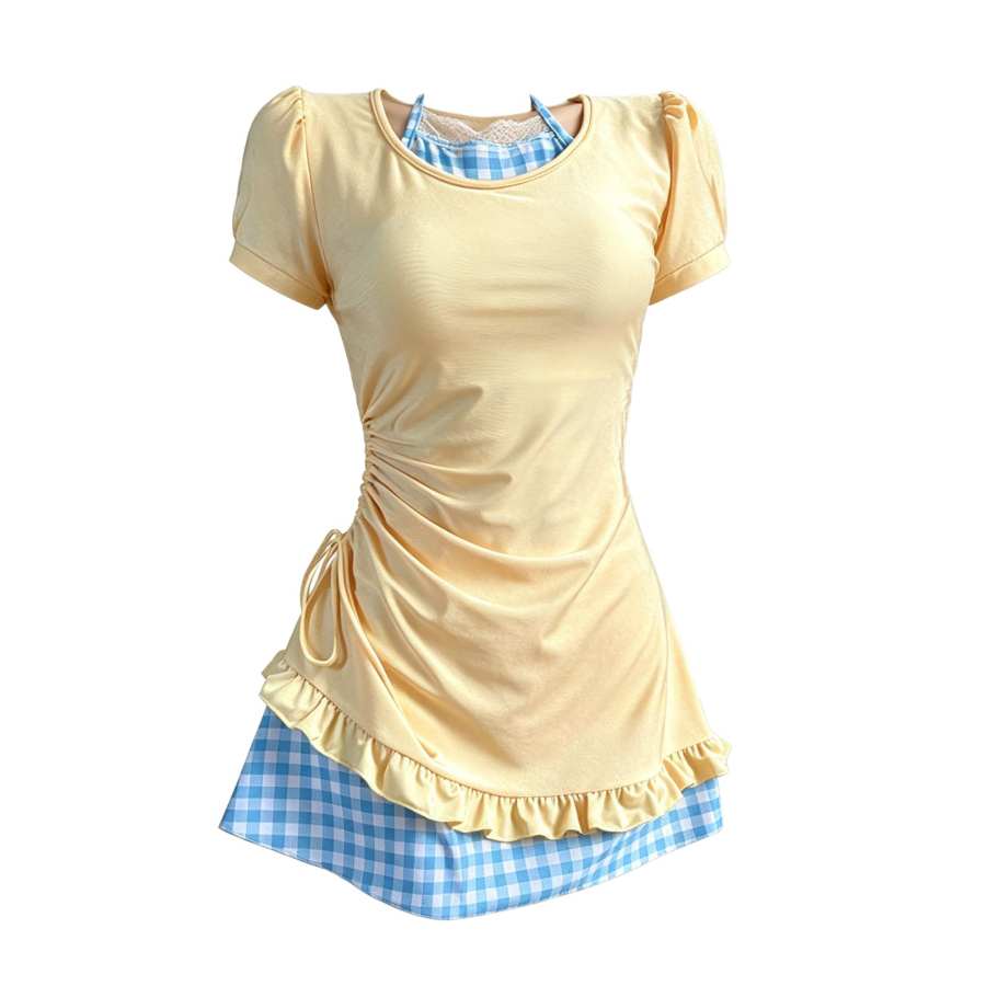 Sugarfunk One Piece Swimsuits Women's Crew Neck Thin Short Skirt One Piece Swimsuit