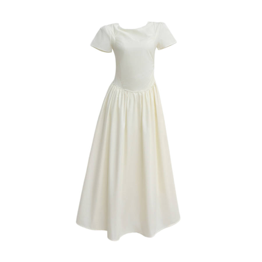 TUSHIFEI Short Sleeved Dresses Women's Light Yellow Short Sleeved Crew Neck Moderate Long Skirt A Line Skirt