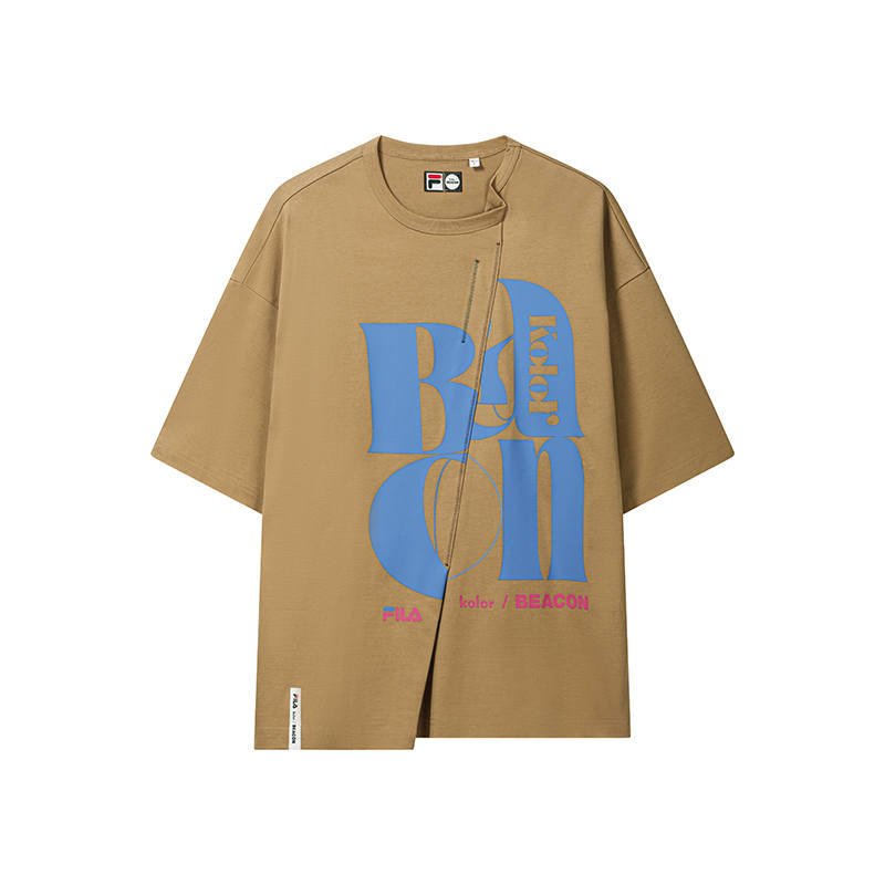 FILA X Kolor BEACON T Shirts Men's Wheat Wave Gold Brown Crew Neck Moderate Straight Fit