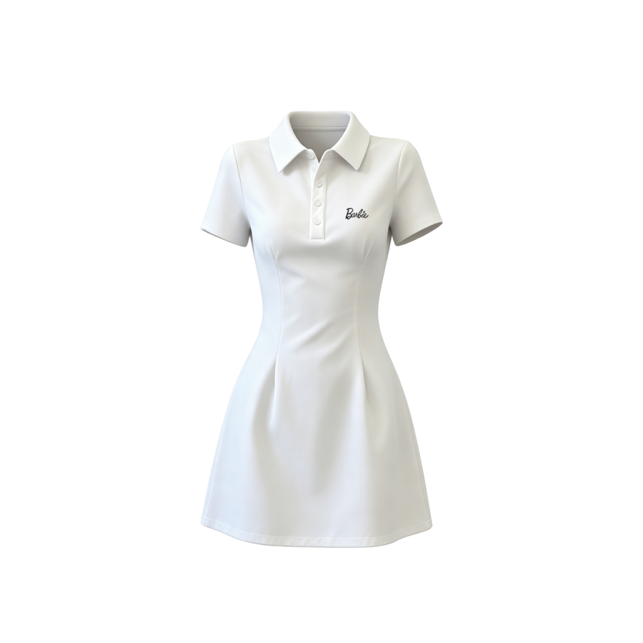 Barbie Short Sleeved Dresses Women's White Polo Collar Moderate Short Skirt