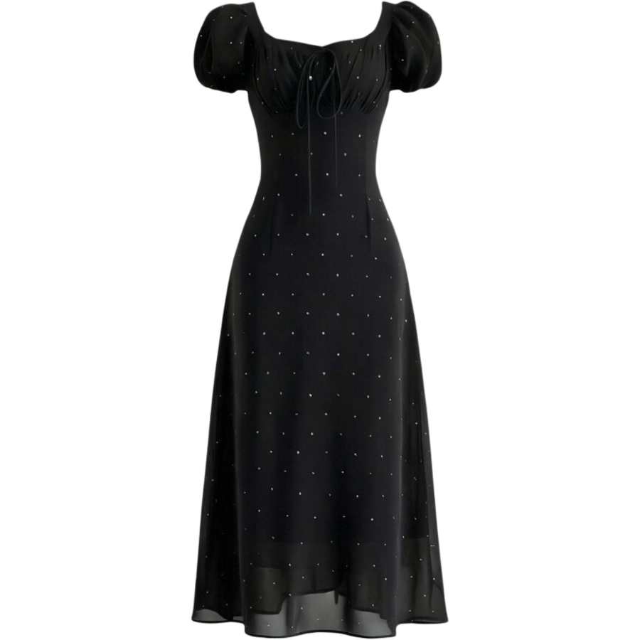 CHARM GLOW Short Sleeved Dresses Women's Black Square Collar Moderate Long Skirt A Line Skirt