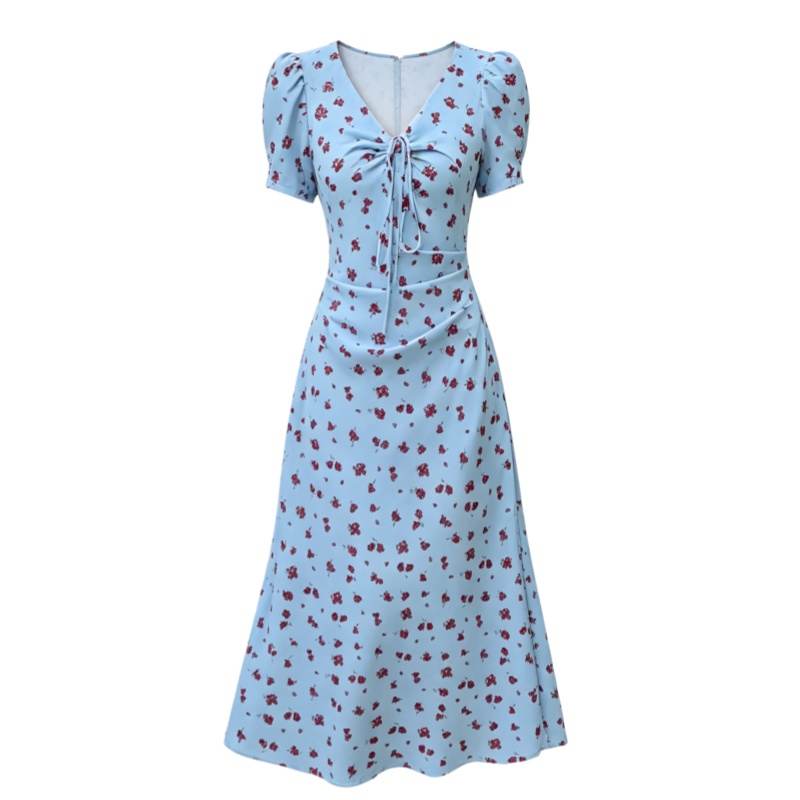 CPAURA Short Sleeved Dresses Women's Image Color V Neck Moderate Long Skirt A Line Skirt