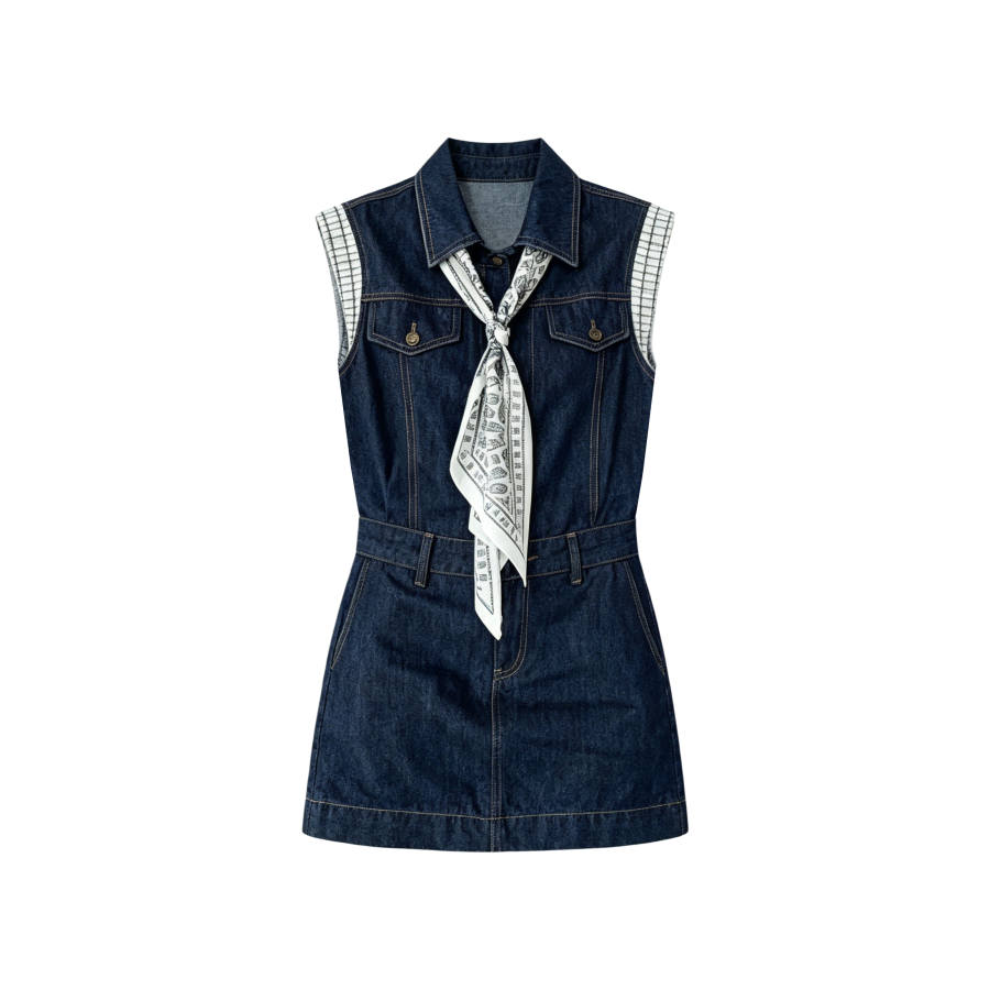 TUSHIFEI Sleeveless Dresses Women's Denim Blue Polo Collar Moderate Short Skirt A Line Skirt