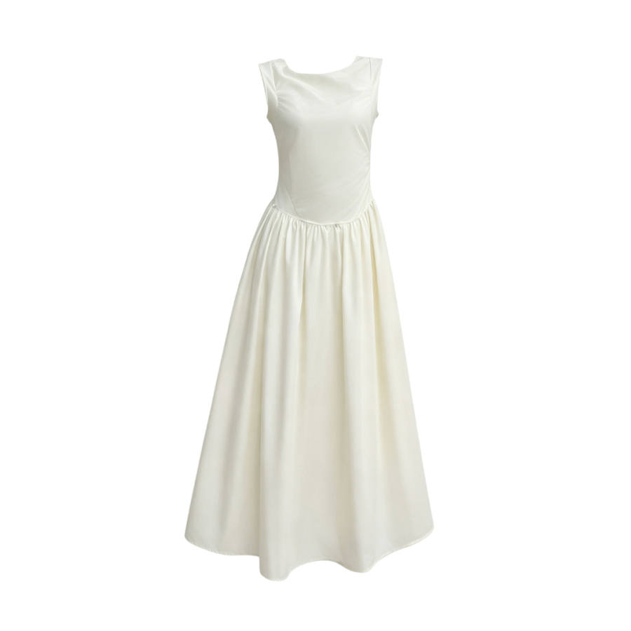 TUSHIFEI Sleeveless Dresses Women's Light Yellow Sleeveless Style Crew Neck Moderate Long Skirt A Line Skirt
