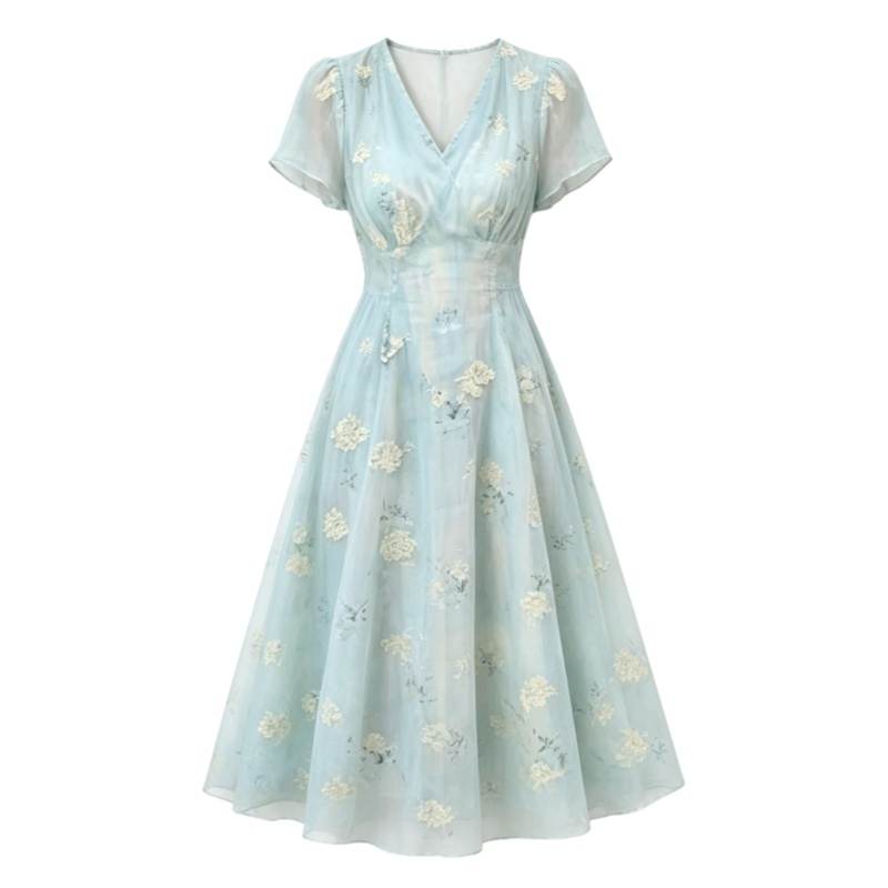 CPAURA Short Sleeved Dresses Women's Cloud Stream Blue V Neck Moderate Long Skirt A Line Skirt