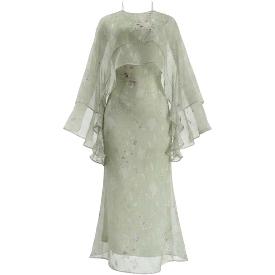 CHARM GLOW Sleeveless Dresses Women's Light Green Boat Neck Moderate Long Skirt A Line Skirt