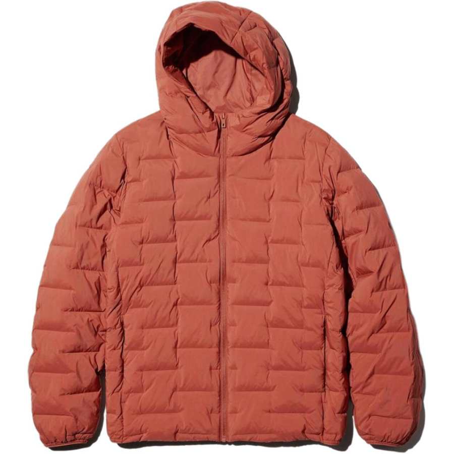 UNIQLO Puffer Jackets Men's 27 Orange Umber Hooded Non Detachable Moderate