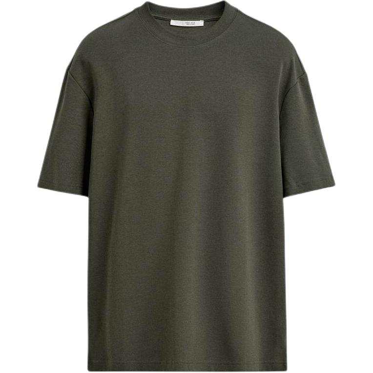 ZARA T Shirts Men's Dark Khaki Crew Neck Moderate Straight Fit