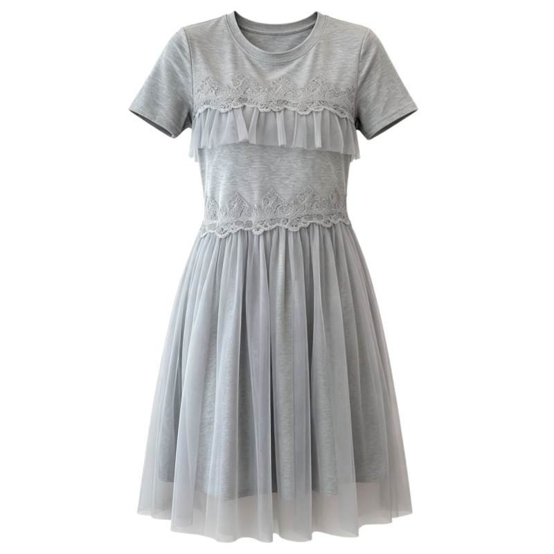 CPAURA Short Sleeved Dresses Women's Image Color Crew Neck Moderate Midi Skirt A Line Skirt