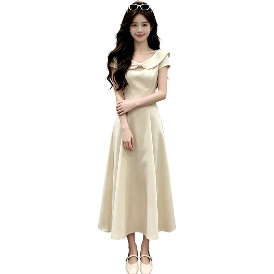 JBBCN Short Sleeved Dresses Women's Apricot V Neck Moderate Midi Skirt A Line Skirt