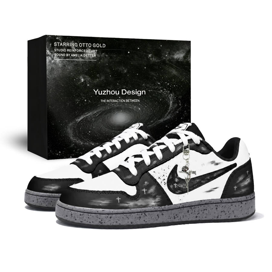 Nike Nike Dunk Skateboard Shoes Men's Low Top Black White Gray Color Block Ink Splatter Design