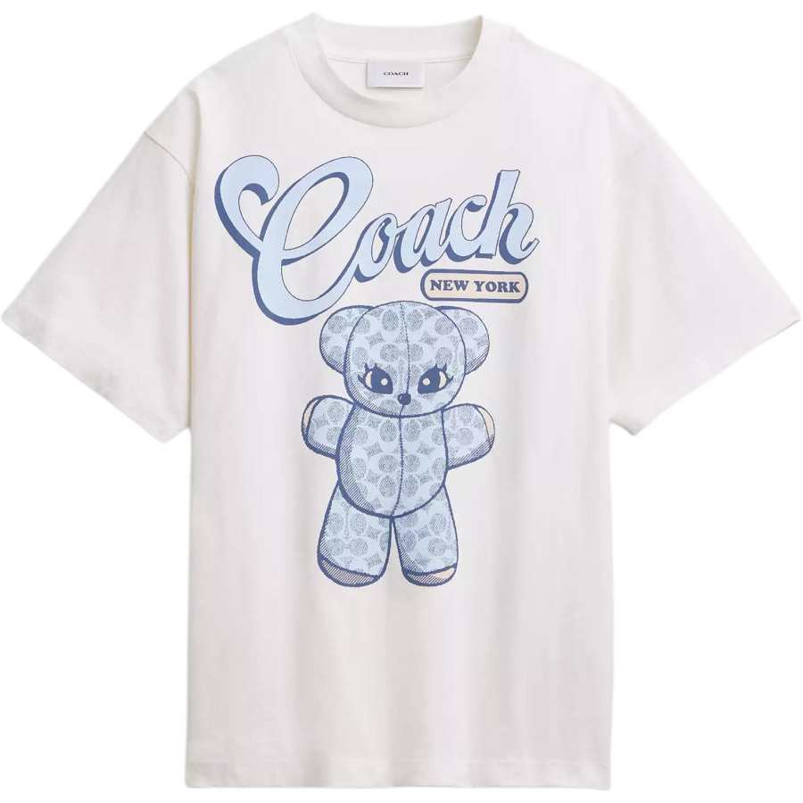 COACH T Shirts Women's Ivory White Crew Neck Moderate