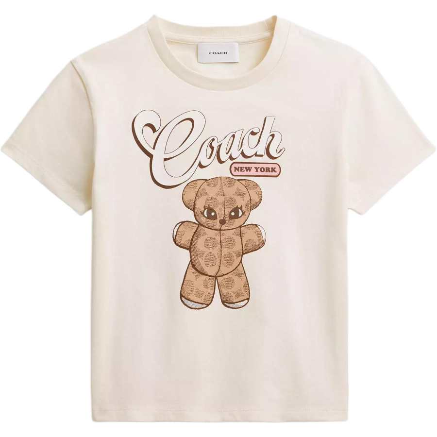 COACH T Shirts Women's Cream White Crew Neck Moderate Straight Fit